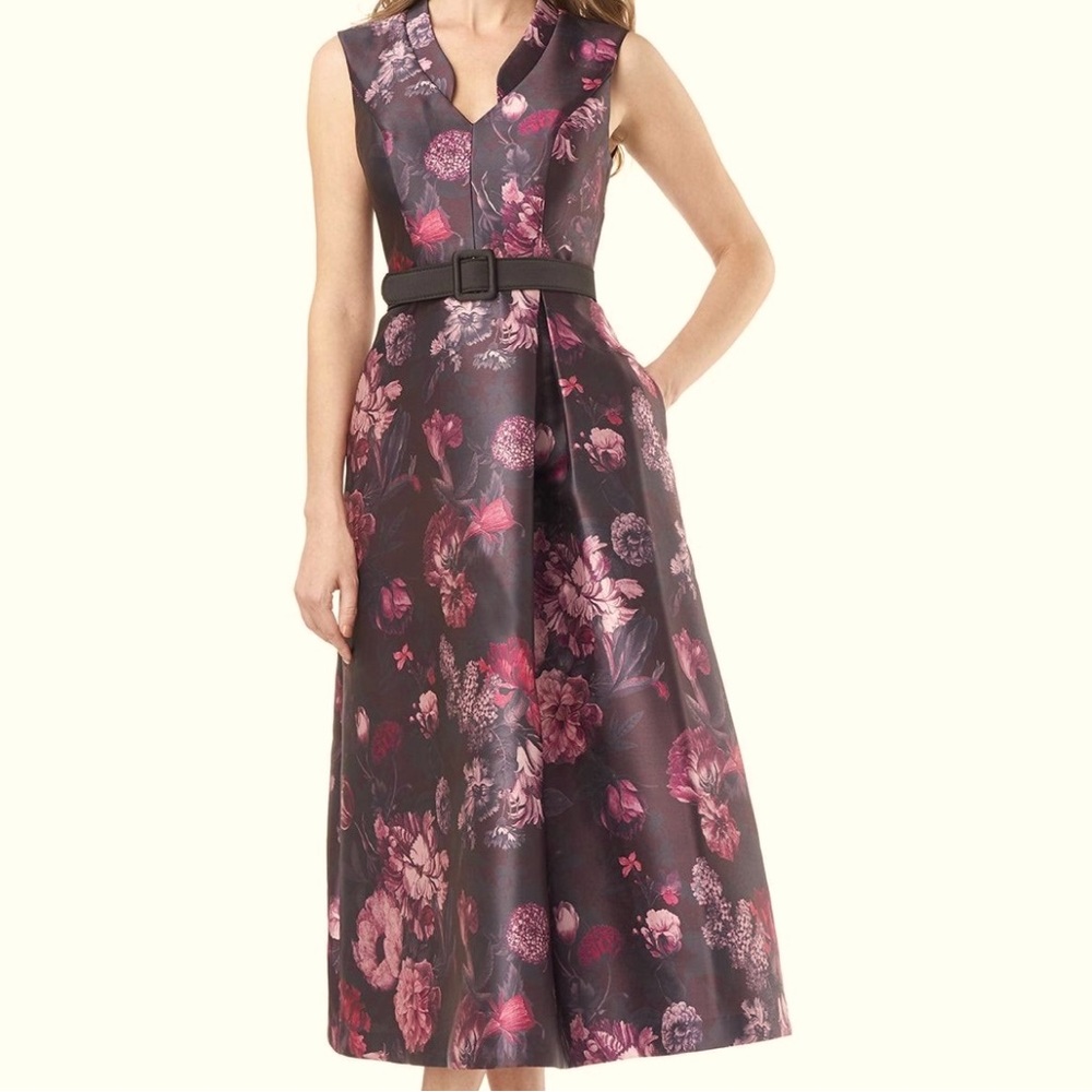 Kay Unger tea length gown in purple with pink flowers